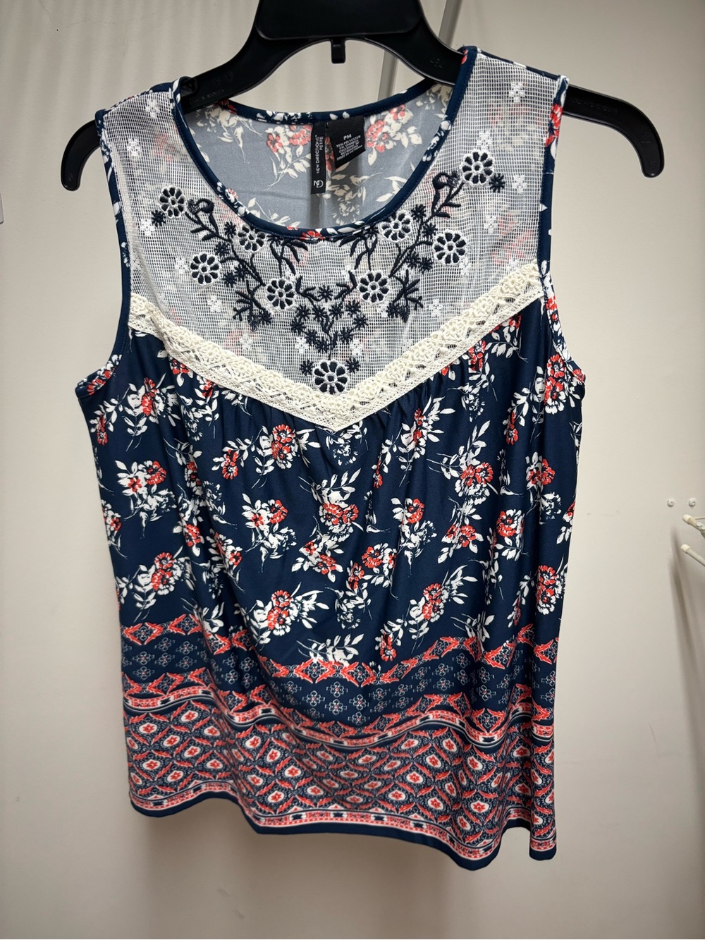 new directions Navy Floral Mesh Yoke Sleeveless Top with Coral Accents
